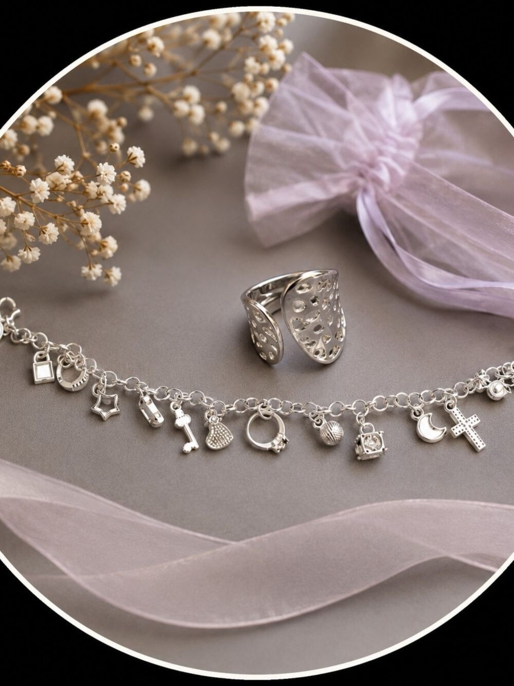 Sterling Silver Charm Bracelet Ring Set Size 7
